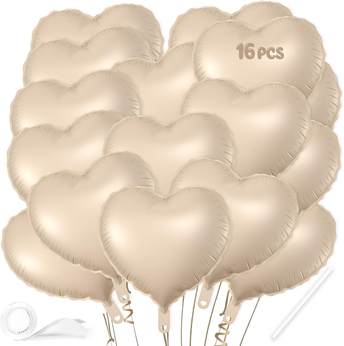 16 Pcs Heart Balloons, 18 Inch Beige Love Heart Shaped Foil Balloons for Wedding Anniversary