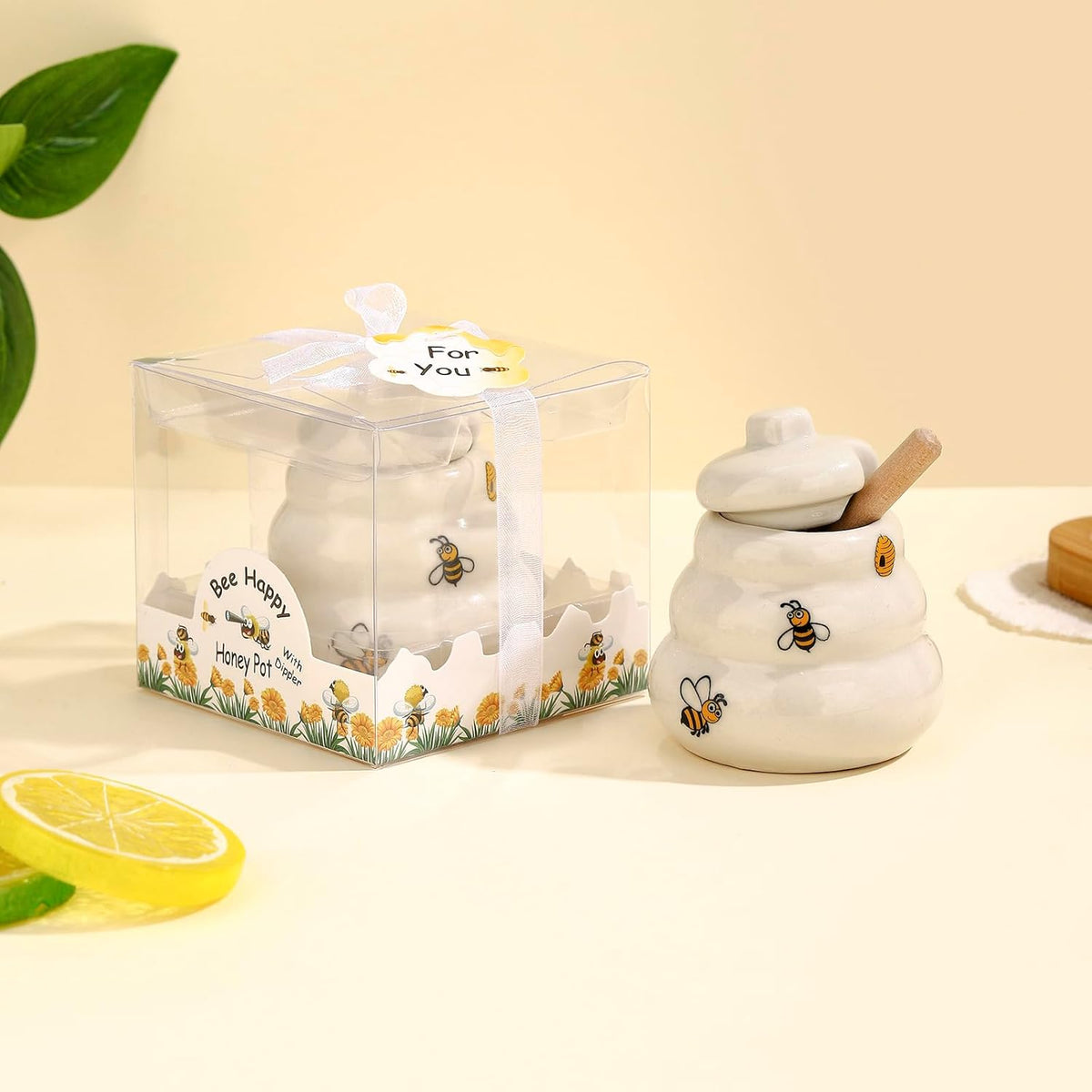 12 Sets Ceramic Bee-Happy Honey Pot with Dipper，Honey Jar Serving Set with Exquisiting Package for