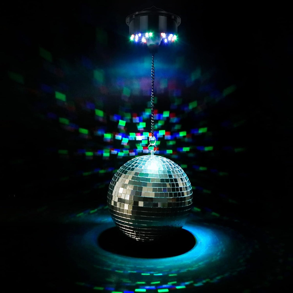 Disco Ball with Motor and Light, 8" Hanging Mirror Ball and 6RPM Batteries Powered Rotating Motor