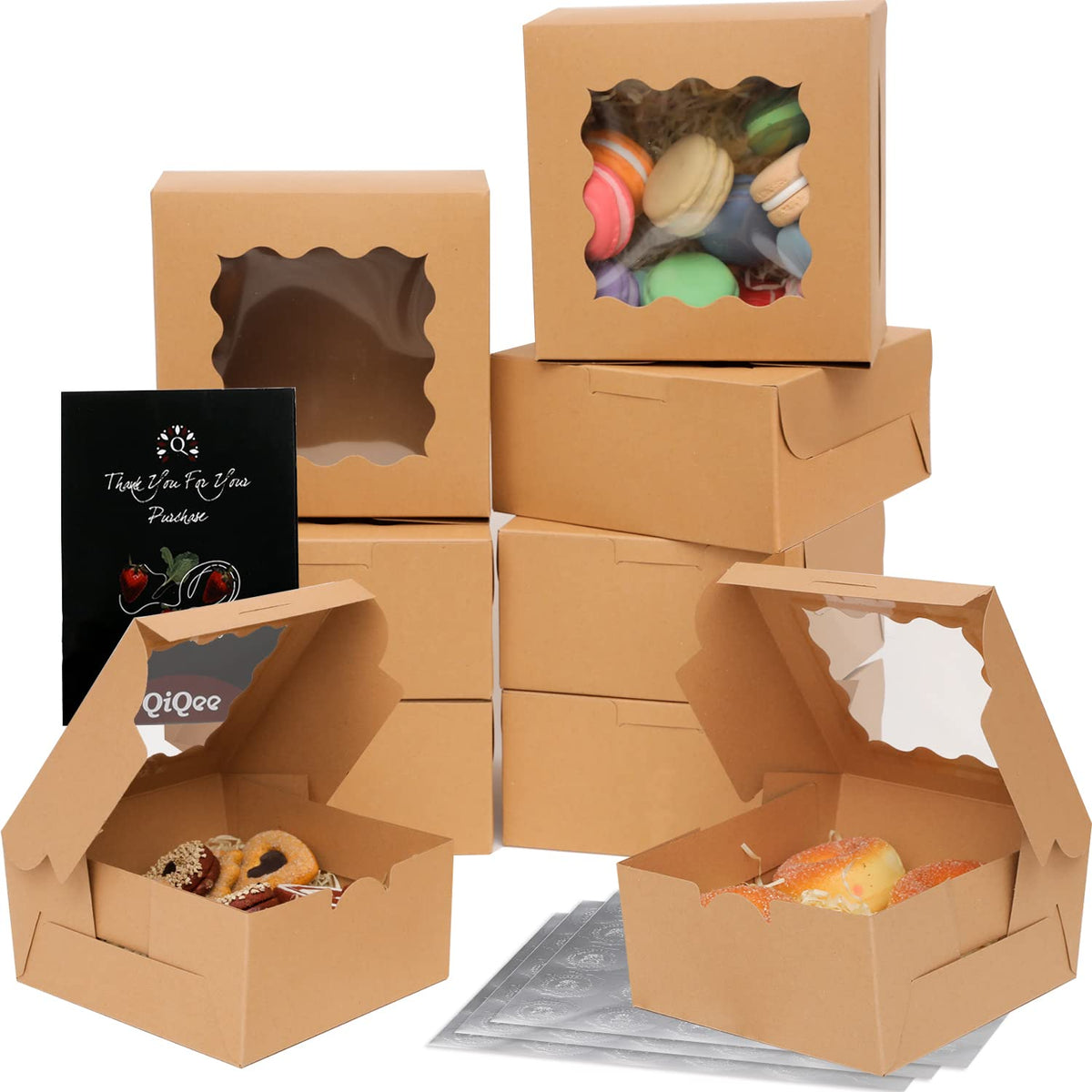 Bakepacker 60pcs Kraft Bakery Boxes with Window 6x6x3 inches Thick & Sturdy Macaroon Pastry Boxes