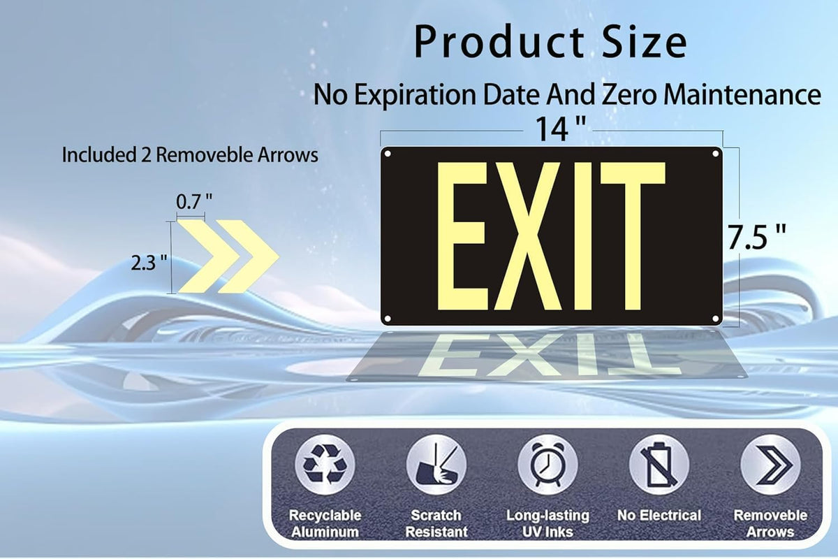 Photoluminescent Exit Sign Black, 14.25"x 7.5" Glow In The Dark Exit Signs Aluminum with 8pcs