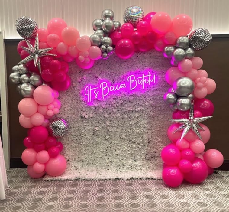 Paready Pink Balloons Set, 50PCS Hot Pink Latex Balloons, 12 Inch Confetti Balloon Metallic Silver
