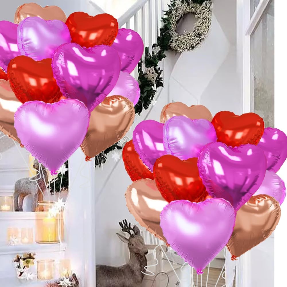 Rose Gold & Red Heart Balloons，18 Inch Purple Foil Love Heart Shaped Balloons for Bridal Wedding