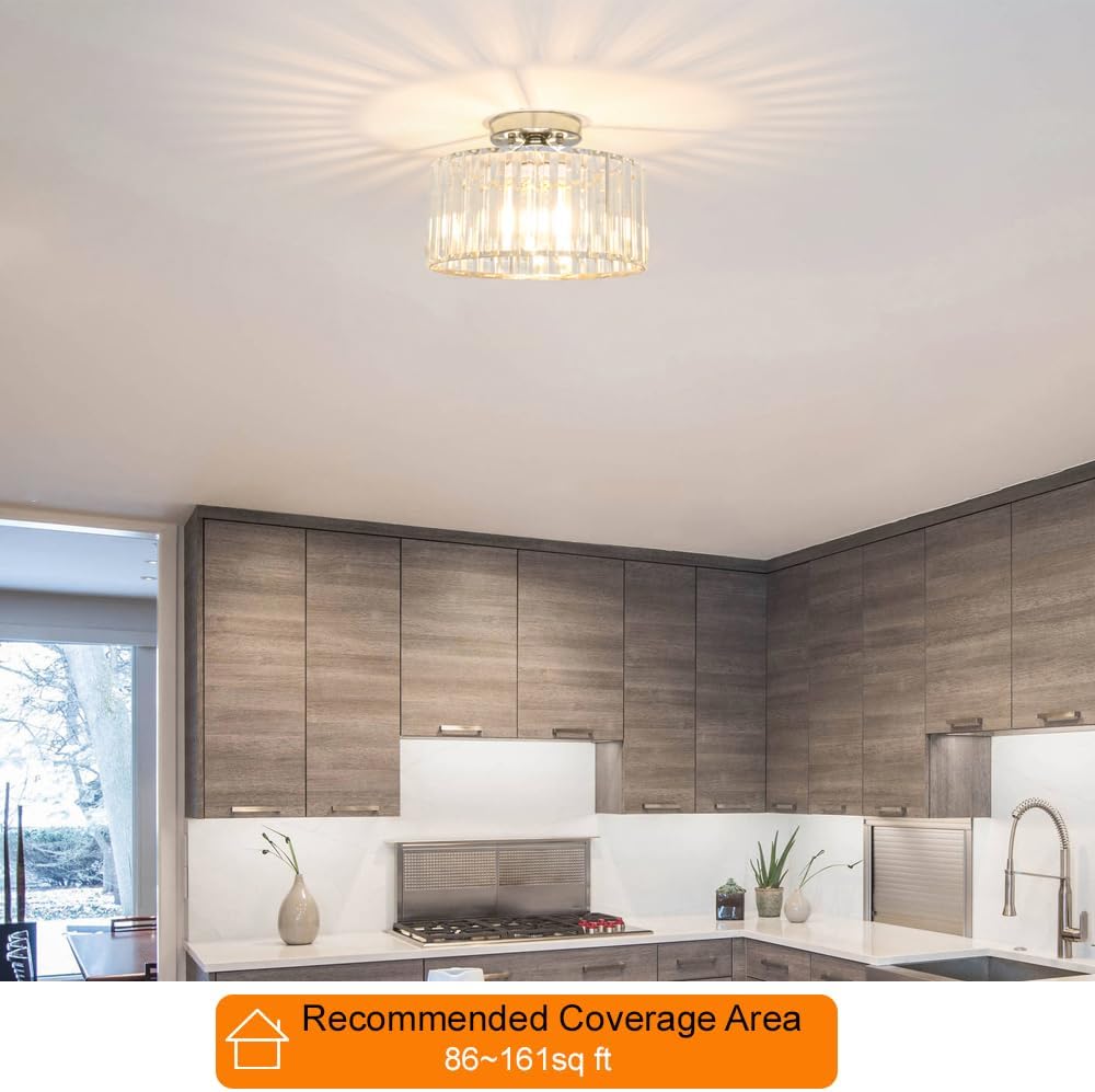 Crystal Ceiling Light Fixture, Chrome Close To Ceiling Light Fixtures, Modern Semi Flush Mount