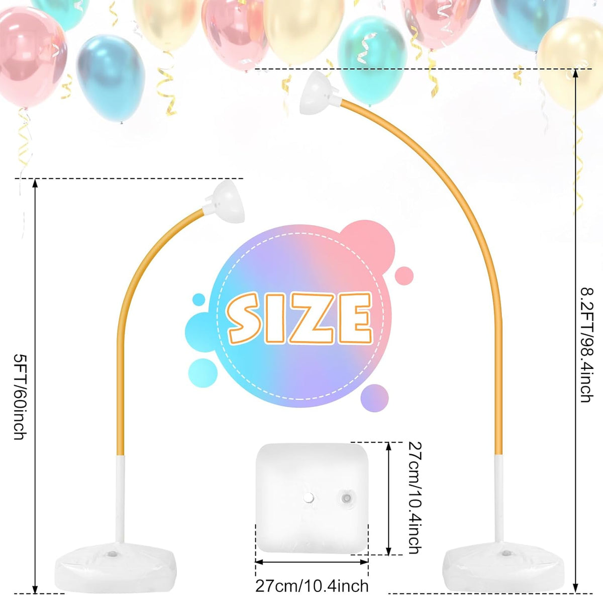 Balloon Arch Stand Kit 8.2ft and 5ft, Heavy Duty Base with Water Filling Bag, Bendable Half Arch