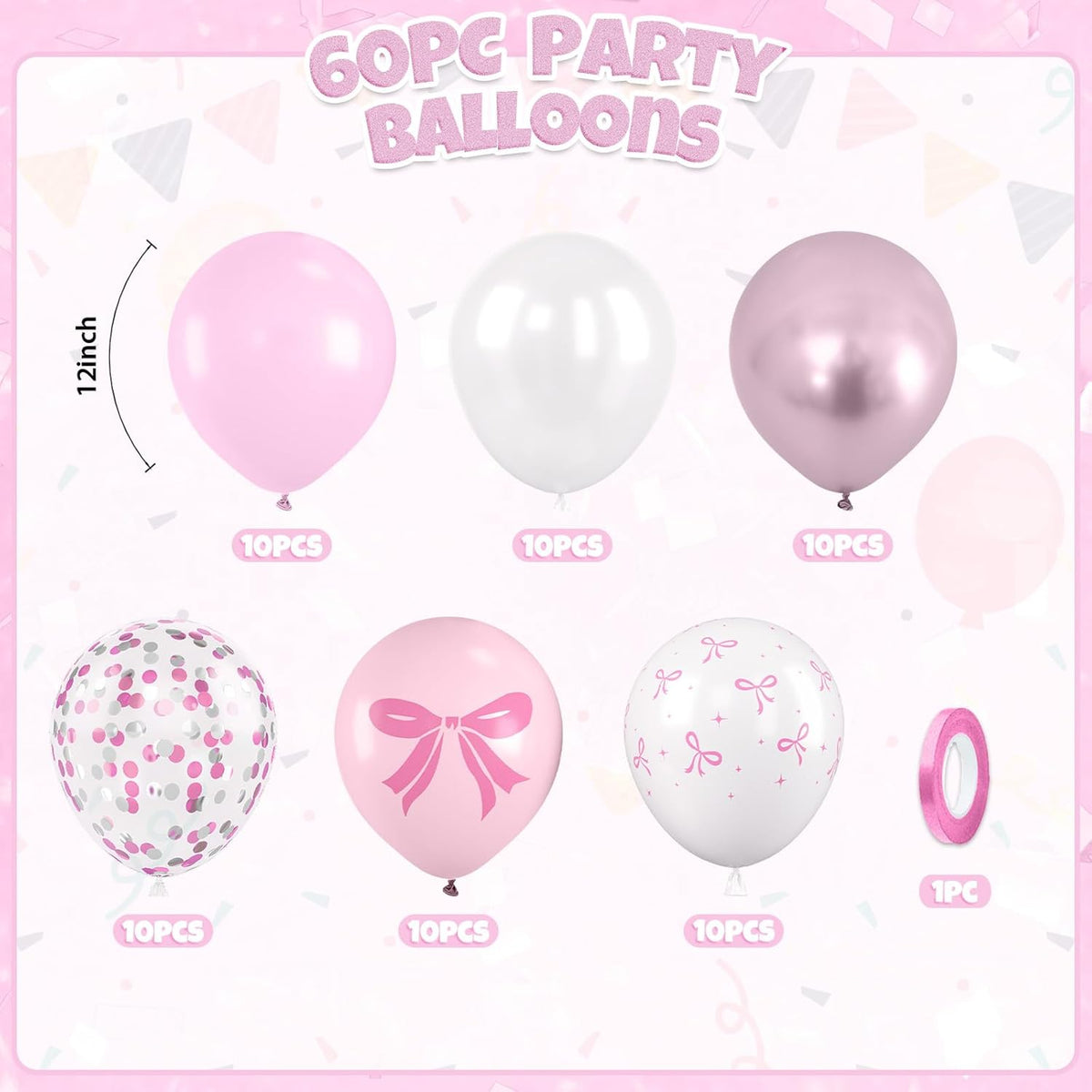 Pink Bow Latex Balloons, 60pcs Pink and White Balloons, Bow Printed Balloon Metallic Confetti