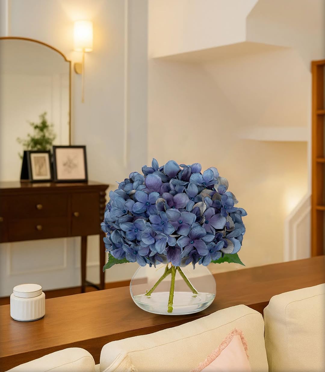 Hollyone Blue Hydrangea Fall Flowers Artificial for Decoration with Glass Vase Autumn Silk Faux