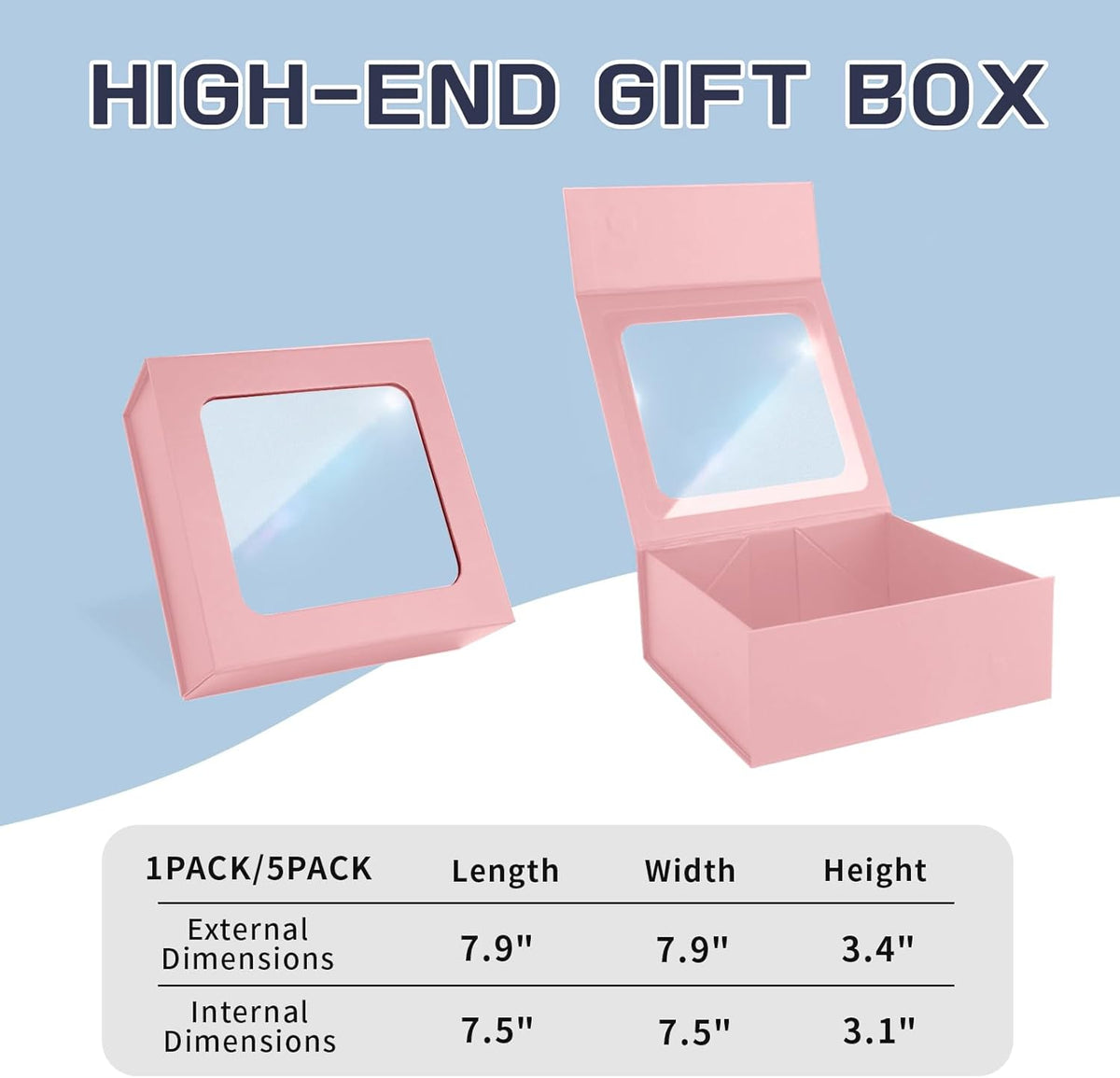TIACABO Pink Gift Box with Window,7.5"x7.5"x3.1" Bridesmaid Boxe for Gifts Giving,Birthday Gift
