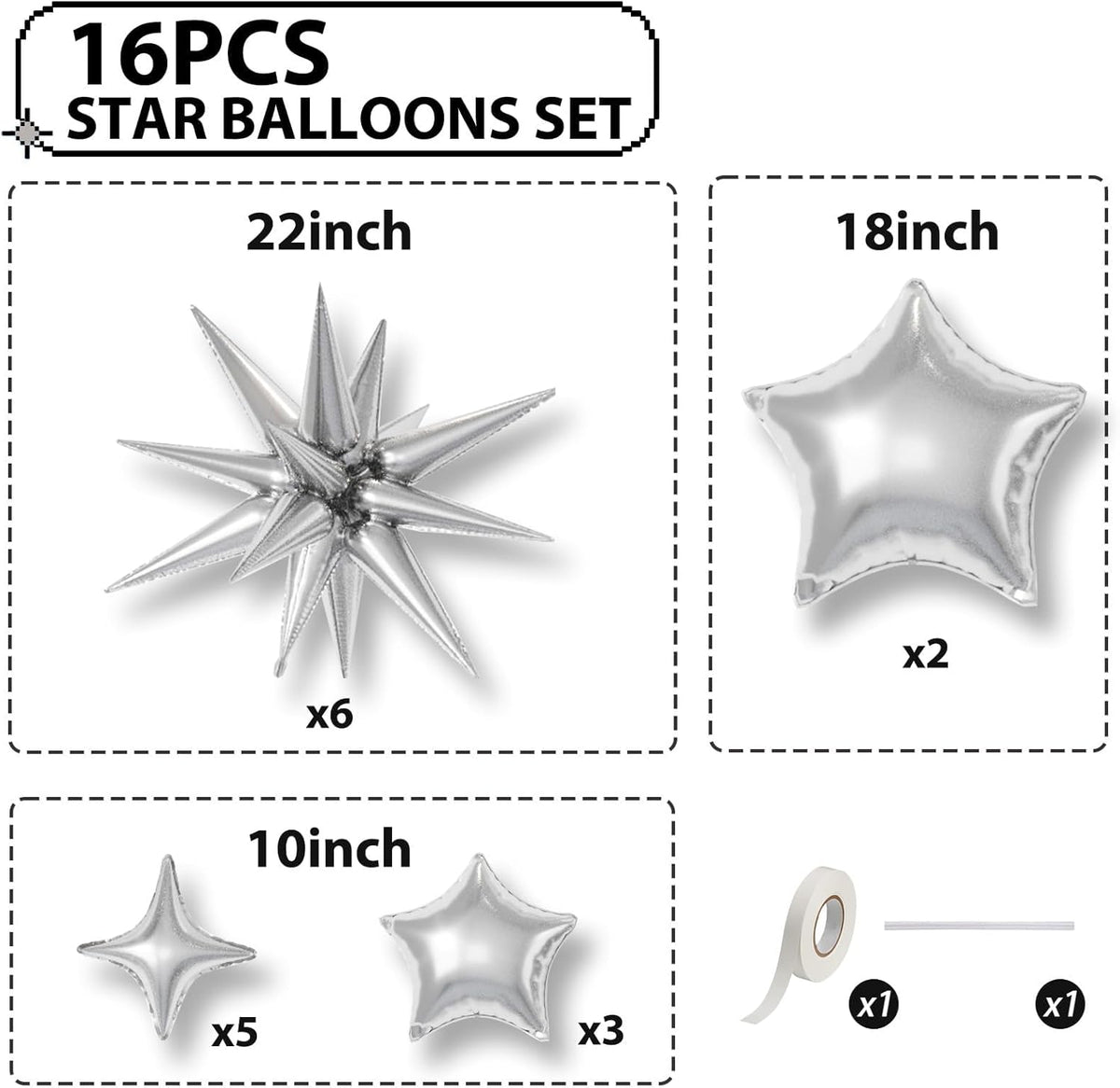 16 Pcs Silver Star Balloons, 22/18/10 Inch Foil Balloons, Four-Pointed Large Balloon for Kids