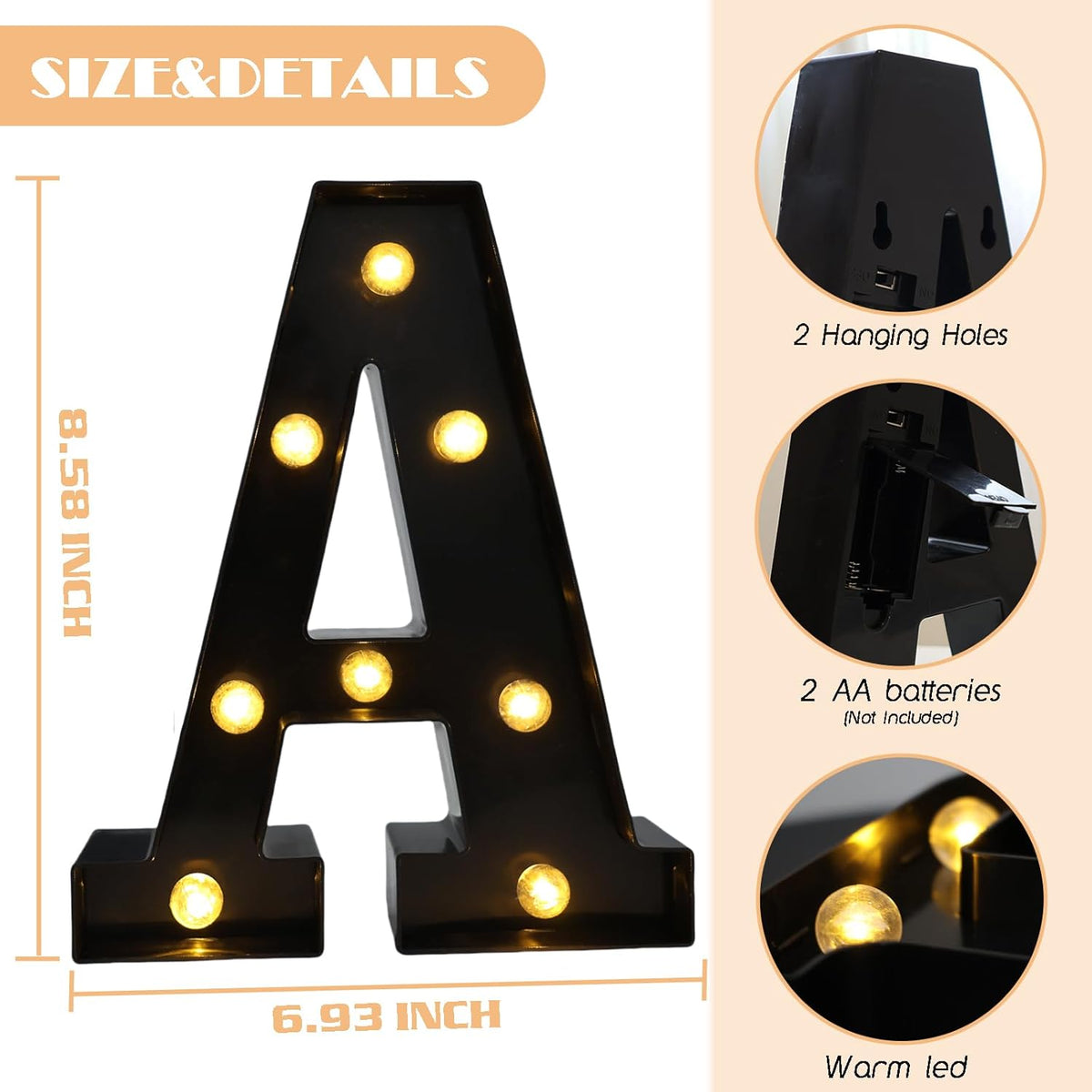 Led Marquee Letters, 8.58 Inch Black Light Up Letters, Small Led Letter Lights, Battery Powered