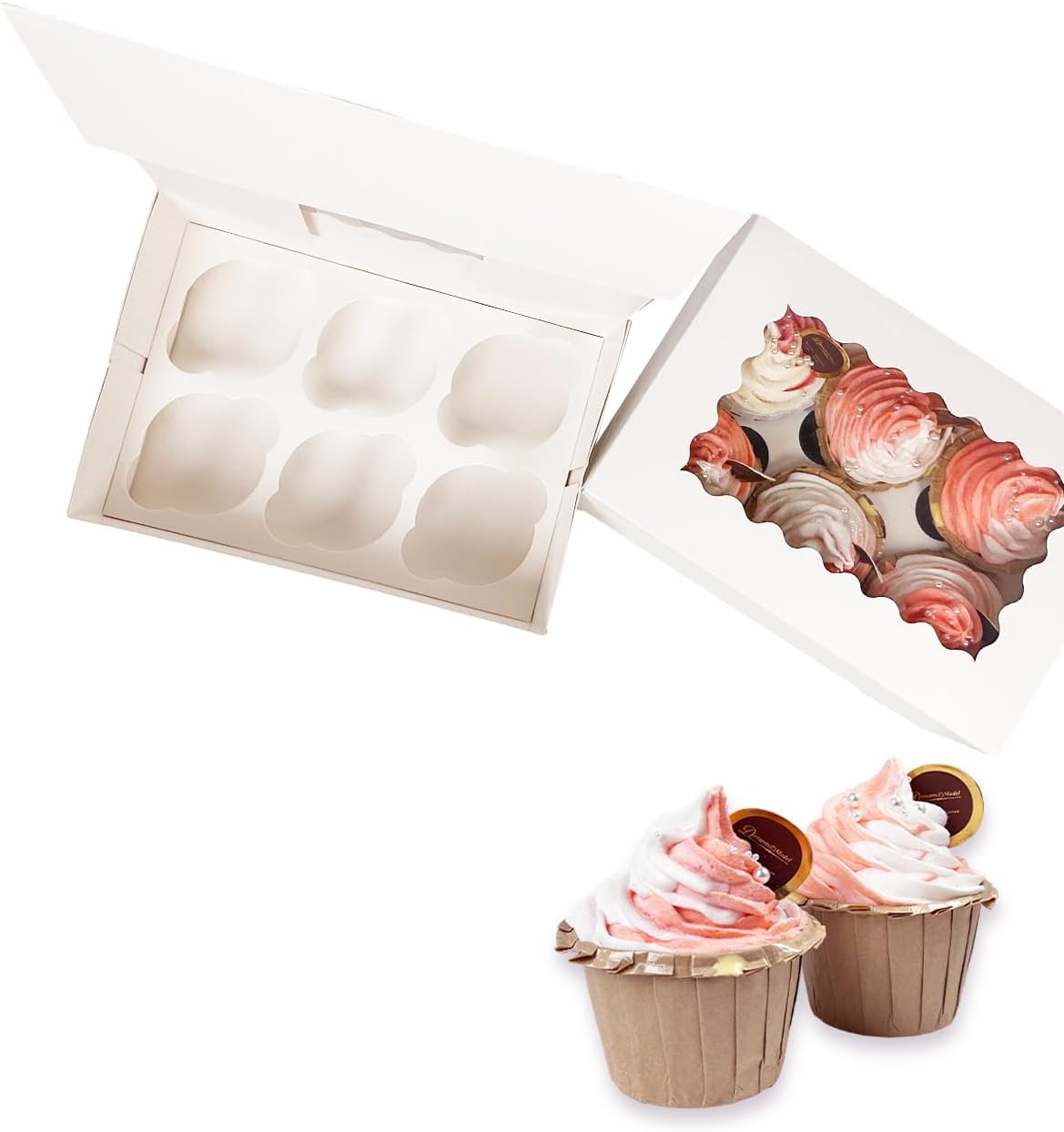 Bakepacker Auto-pop up 6 Cupcake Boxes with Window 20 Count White Box 9.4 x 6.1 x 3 inch Cupcake