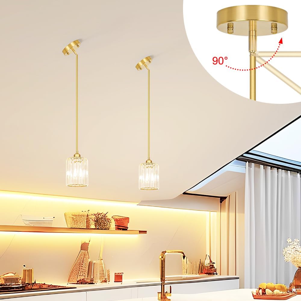 Gold Kitchen Pendant Lights Over Island with Adjustable Rods - Crystal Pendant Lighting Fixtures