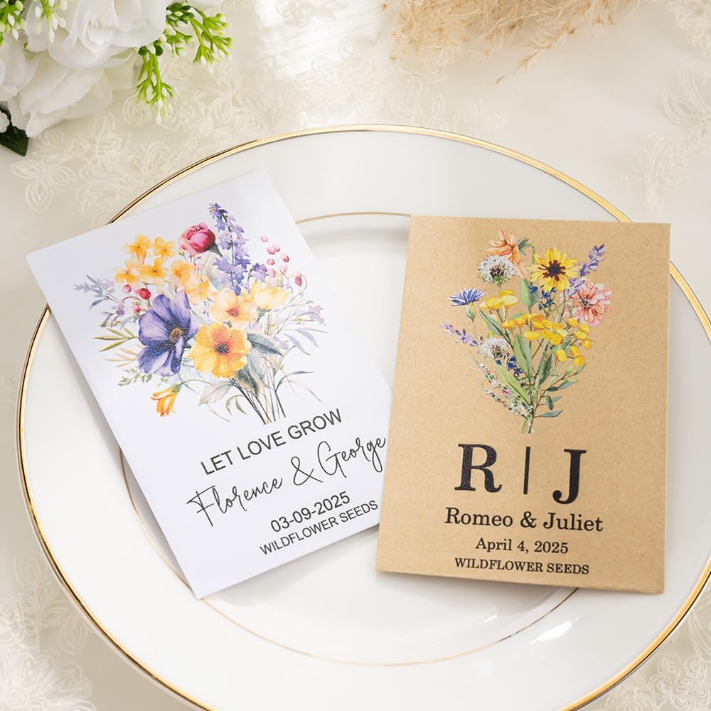 callie Personalized Wedding Seed Packet Favors, Custom Wildflower Seeds Storage with Name and Date