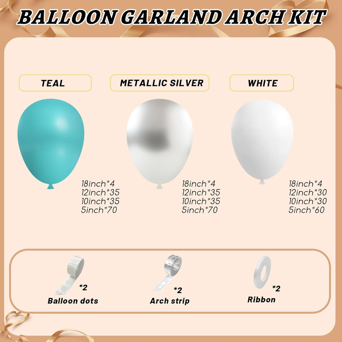 412Pcs Teal Silver White Balloon Garland Arch Kit, 18 12 10 5 Inch Different Size White Metallic