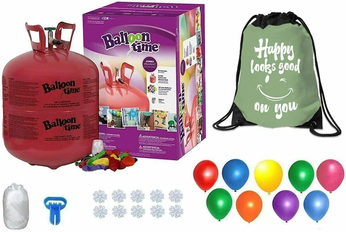 Blue Ribbon Balloon Time Disposable Helium Tank 14.9 cu.ft - 50 Latex Balloons + Balloon Tying Tool