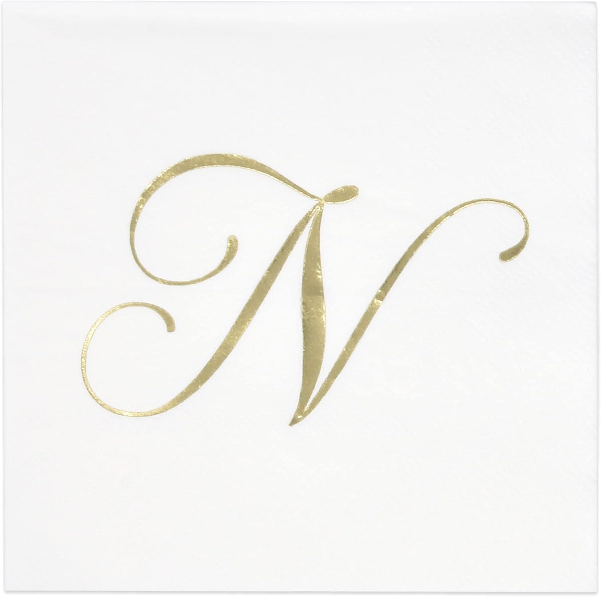 Gift Boutique 100 Gold Monogram Cocktail Napkins Letter N Disposable Paper Pack Elegant Metallic