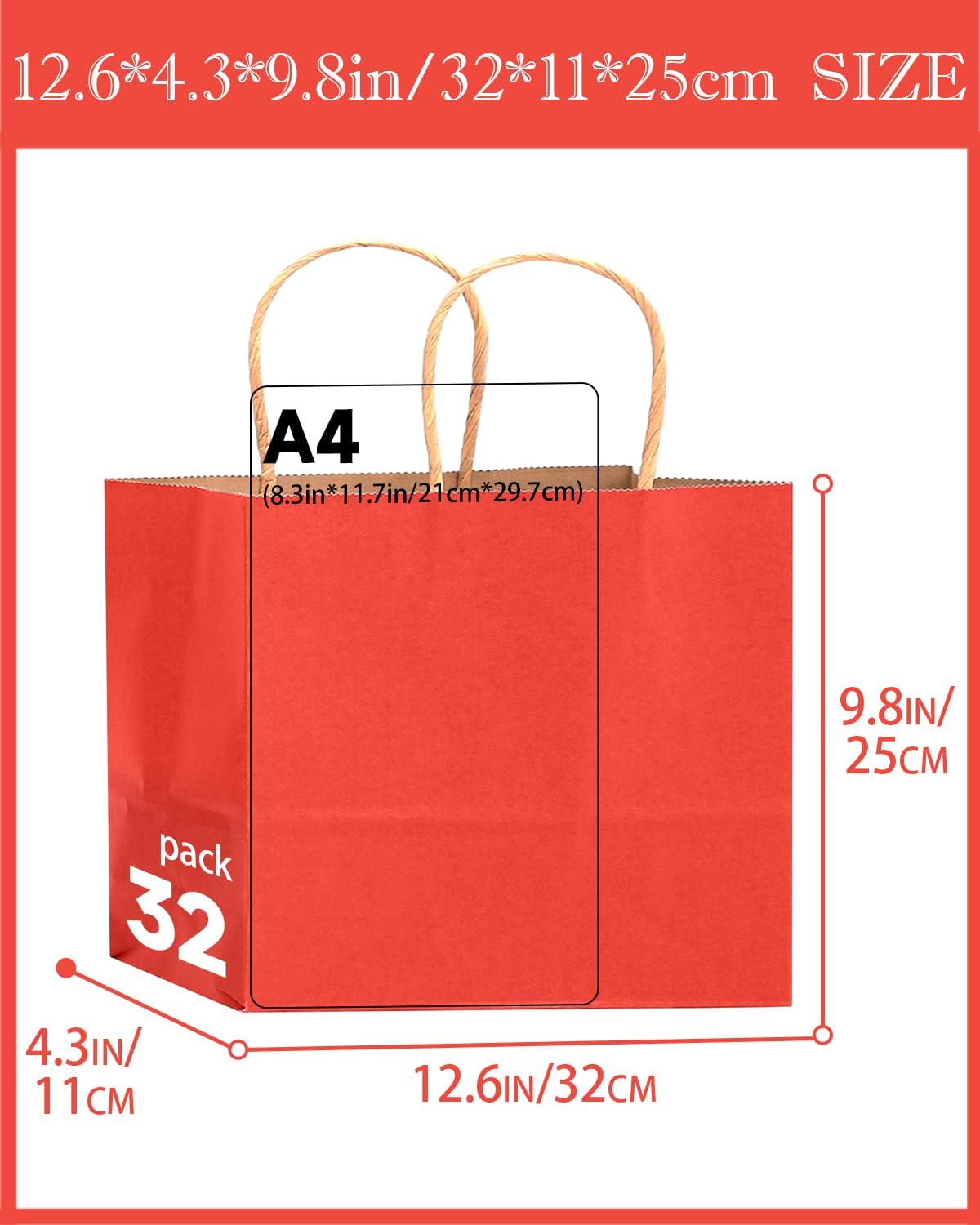 qiqee 100PCS Large Gift Bag with Handles Bulk 13"x4.5"x10" Gift Bags Kraft Red Multiple Uses