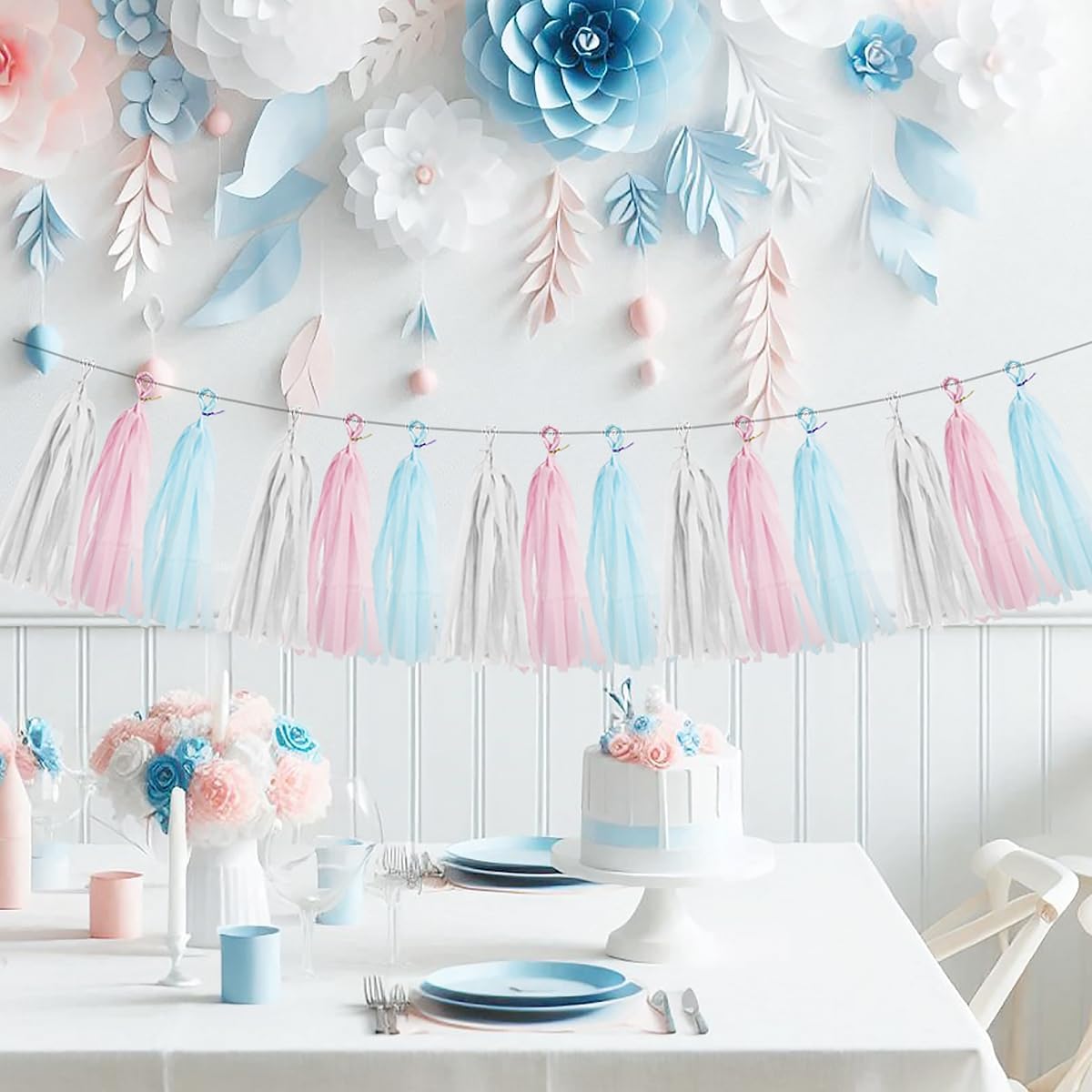Gender Reveal Decorations Blue Pink - 15pcs Tissue Paper Tassel Garland Baby Gender Reveal Party