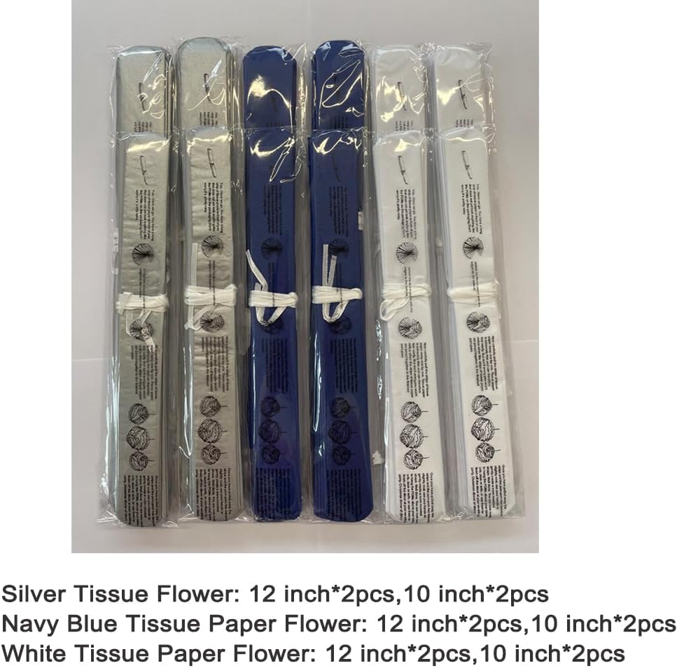 Royal Blue Silver and White Paper Flower Tissue Pom Poms for Birthday Graduation Baby Shower