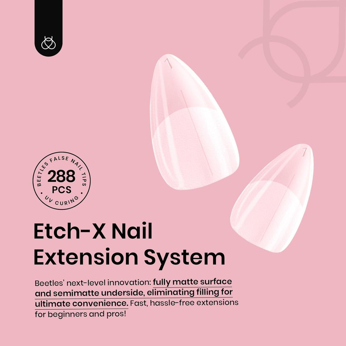 Beetles Short Almond Nail Tips - 288PCS 12 Sizes Full Matte Cover Pre-Etched & Pre-Shaped False