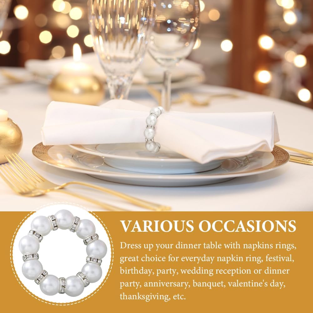 30Pcs Pearl Napkin Rings, Round Napkin Buckles Wedding Beaded White Napkin Rings Silver Napkin Ring