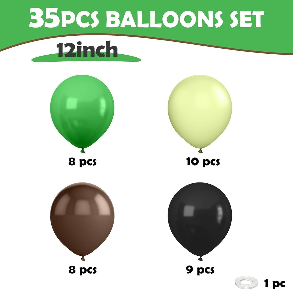 Dark Green Brown Balloons, 12 Inchs Avocado Sage Green Black Latex Balloons for Boys Kids Video