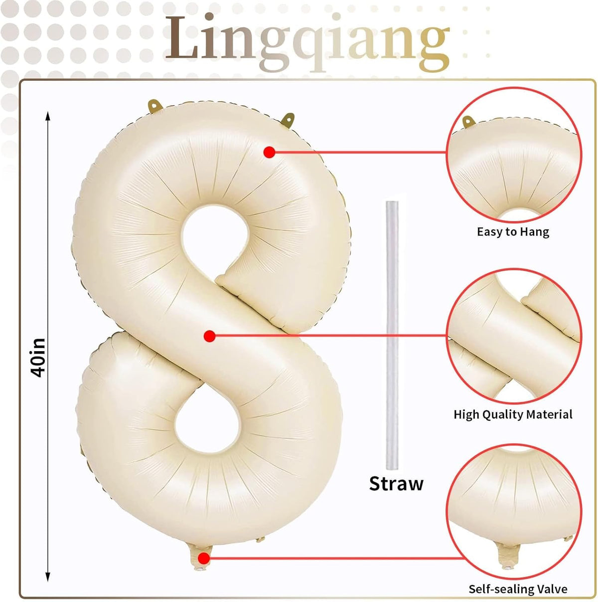 40 Inch Cream Foil Balloon Number 8, Giant Self Inflating Beige Number Balloons 0-9 for Men Women