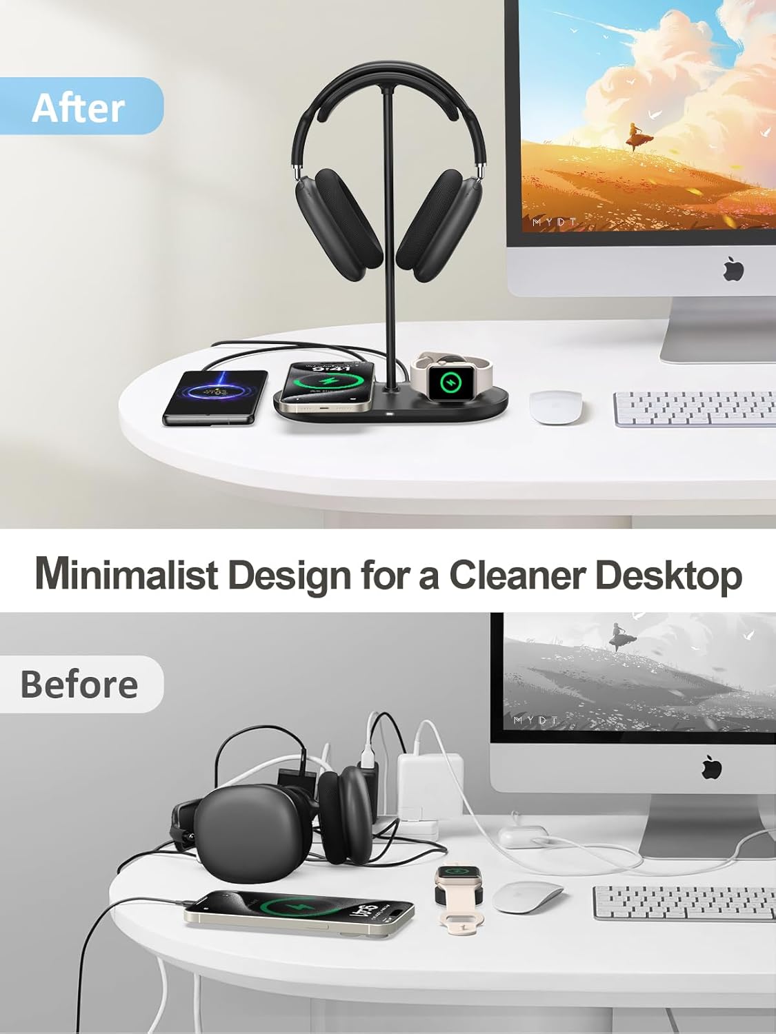 TopMade 5 in 1 Headphone Stand for Desk with Wireless Charger & USB Charging for