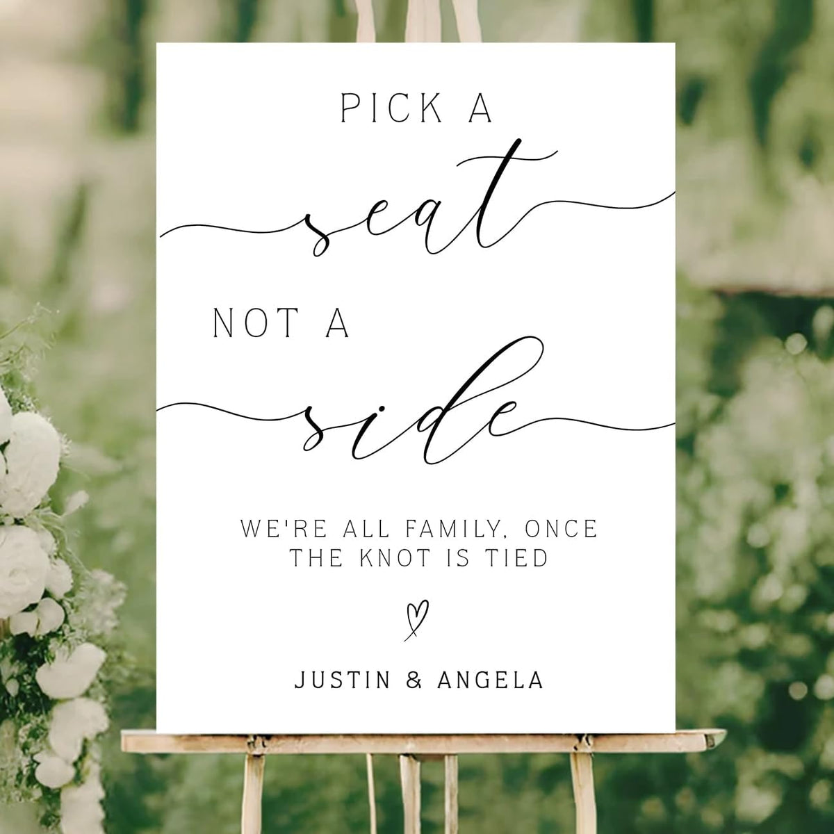 Pick a Seat Not a Side Wedding Yard Sign – Elegant Heart Design – Personalized Names – Acrylic or