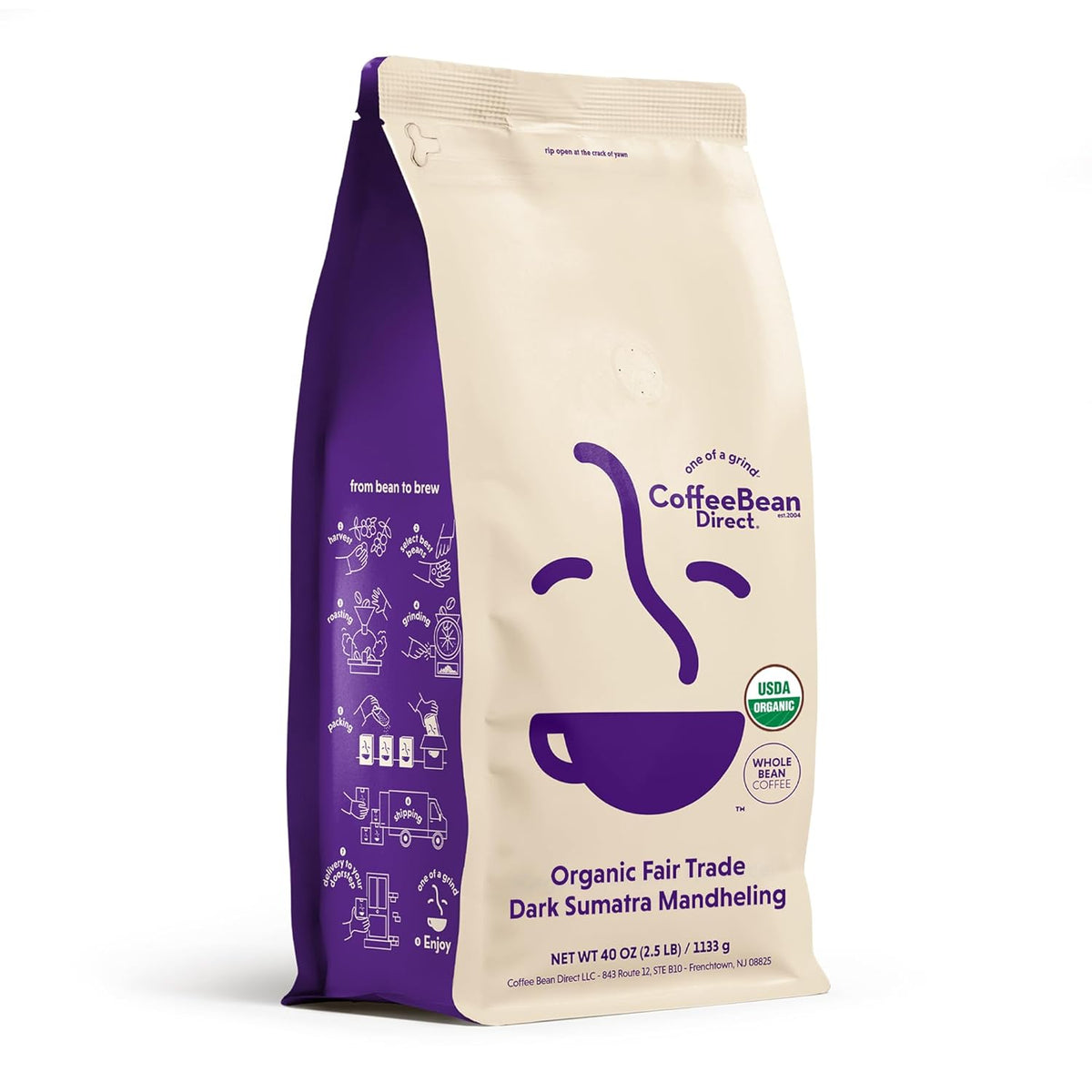 Coffee Bean Direct Organic Fair Trade Dark Sumatra Mandheling, Whole Bean Coffee, Dark Roast, 2.5