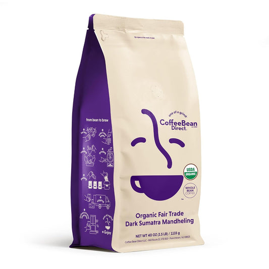 Coffee Bean Direct Organic Fair Trade Dark Sumatra Mandheling, Whole Bean Coffee, Dark Roast, 2.5