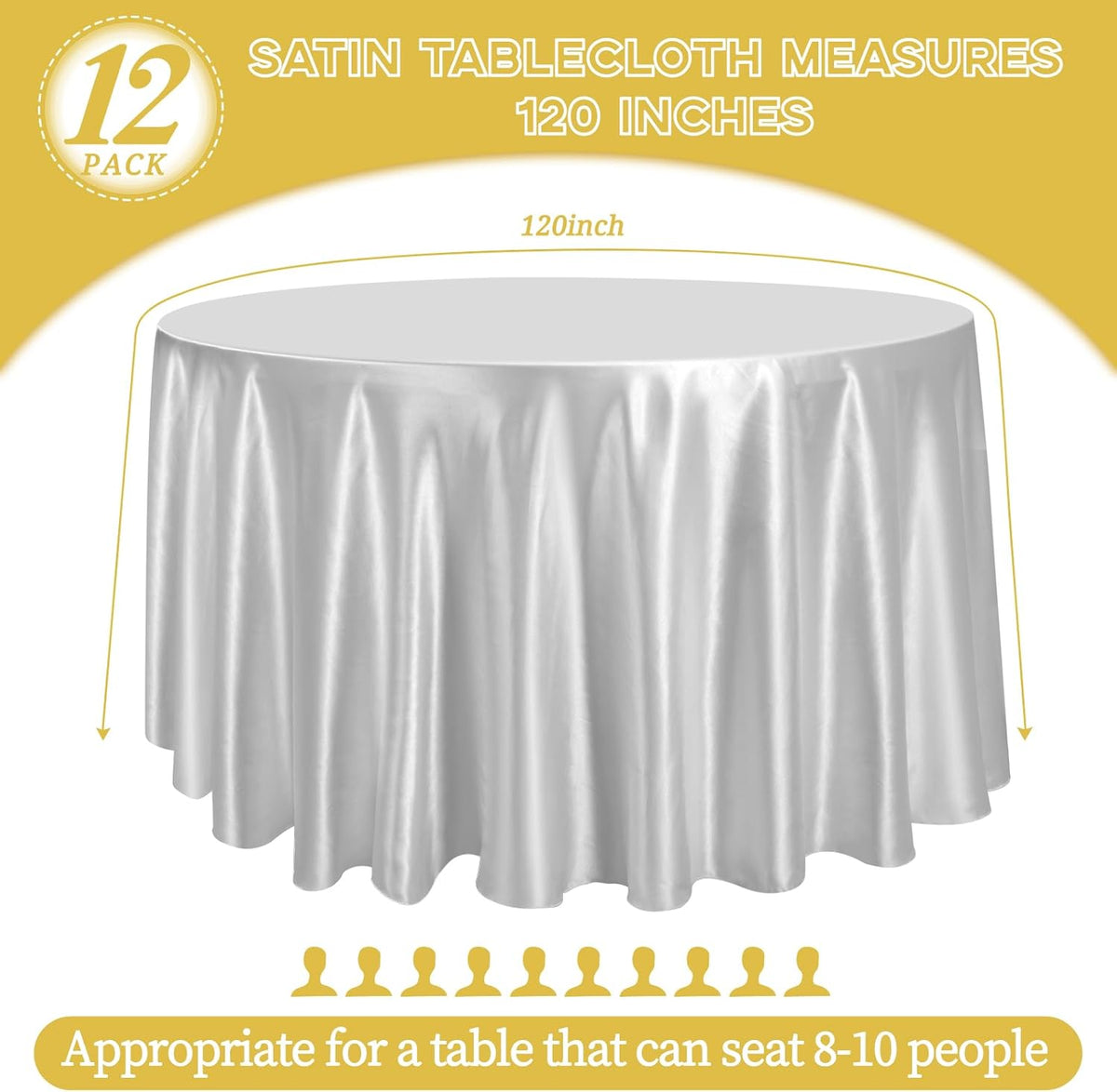 12 Pack 120 Inch Silver Satin Tablecloth - Premium Bright Silky Round Tablecloth Overlay Smooth