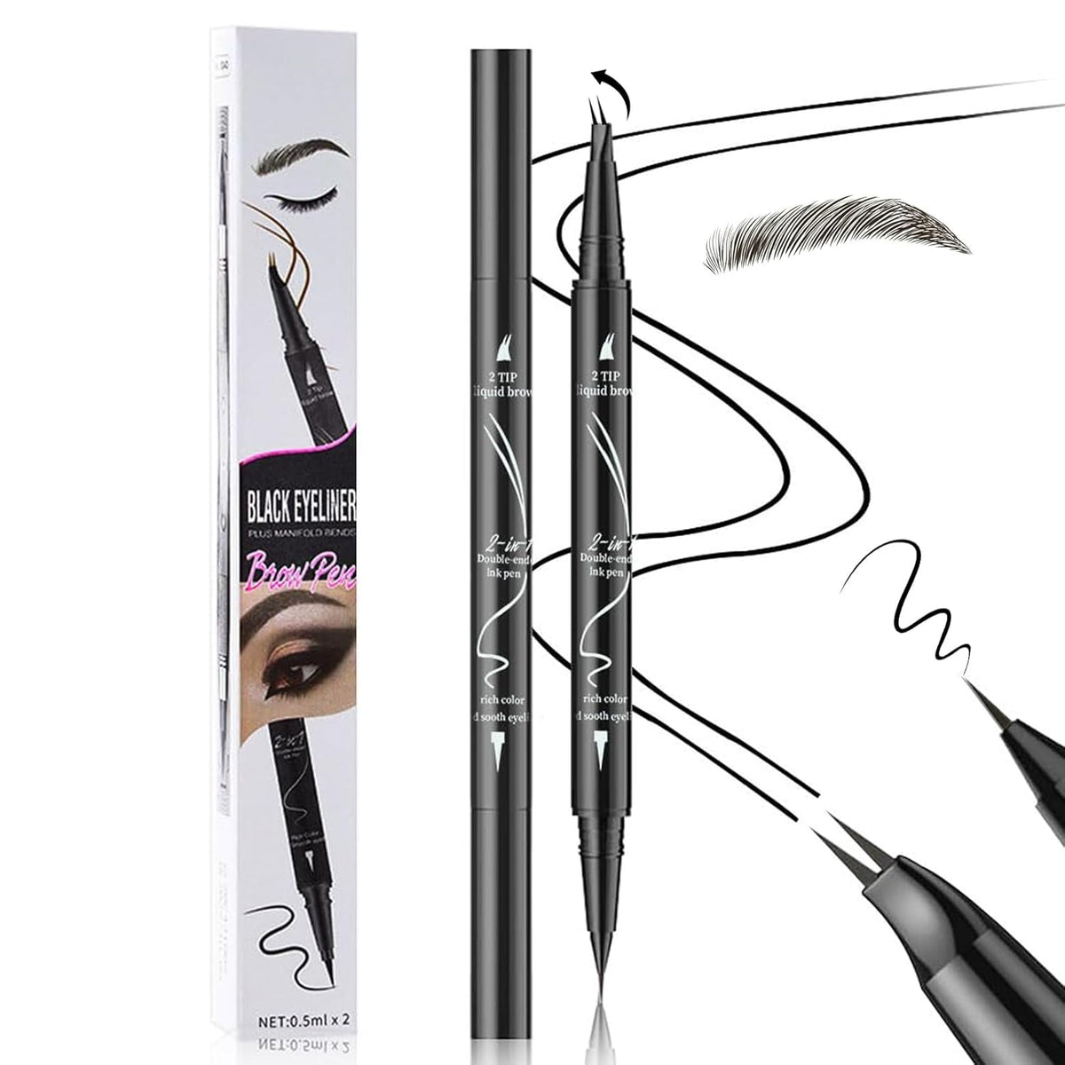 Curved 2 Tip Eyebrow Pen-Black Eyebrow Pencil With Black Eyeliner 2-in-1 Dual-Ended Create Natural