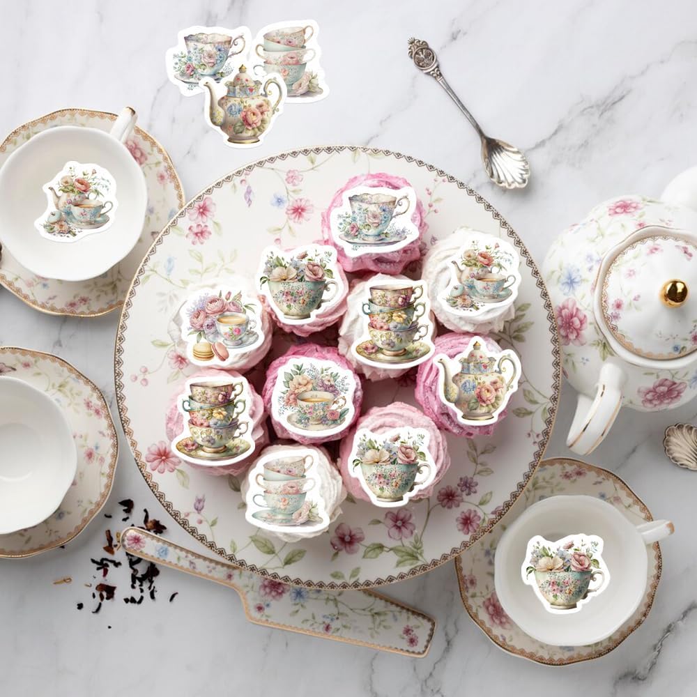 45PCS Edible Tea Party Cupcake Toppers Wafer Paper Teapot Teacup Cupcake Toppers Floral Tea Time