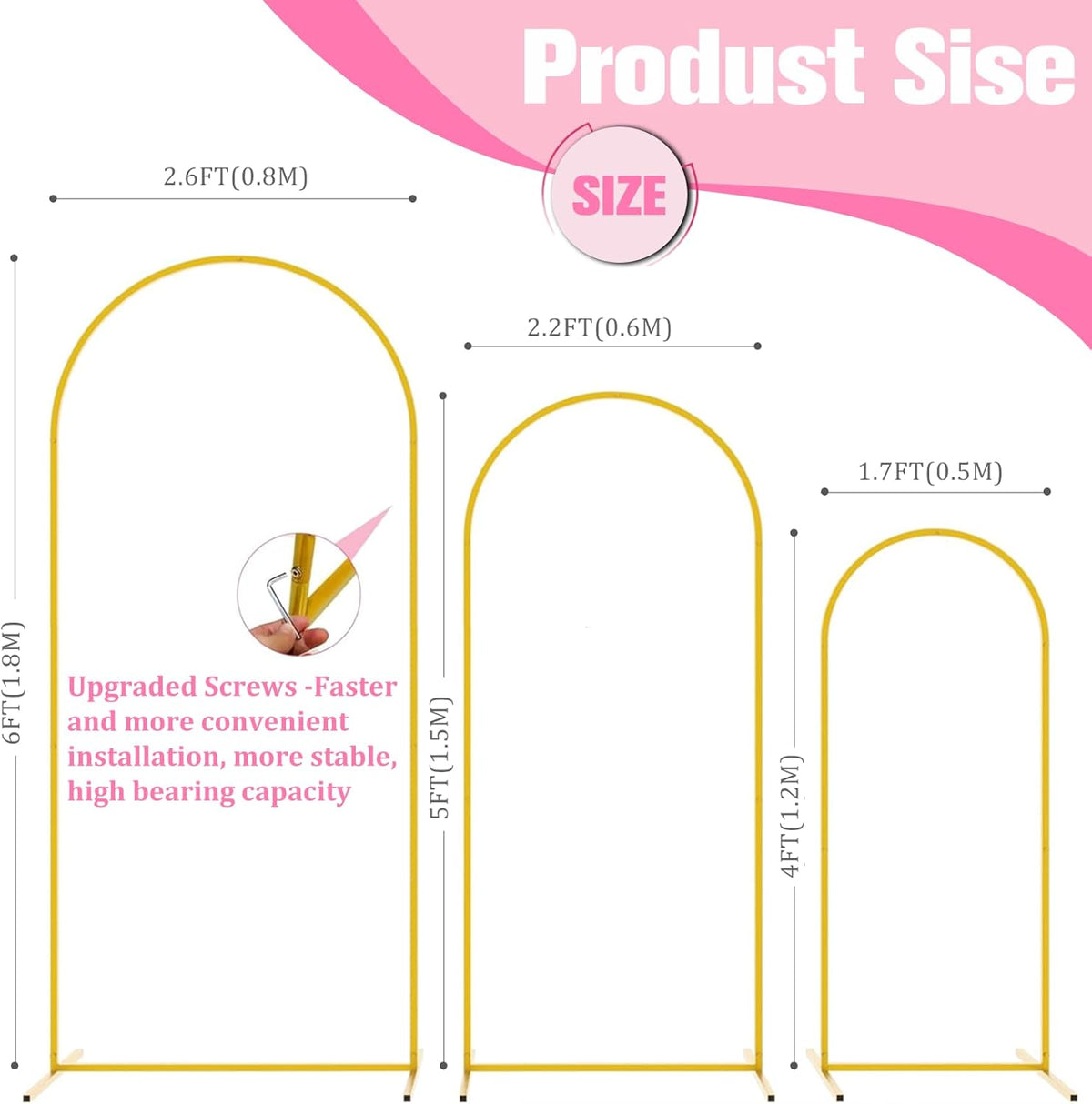 Bazen Wedding Arch Backdrop Stand 6FT, 5FT, 4FT Set of 3 Metal Arch Backdrop Stand for Birthday