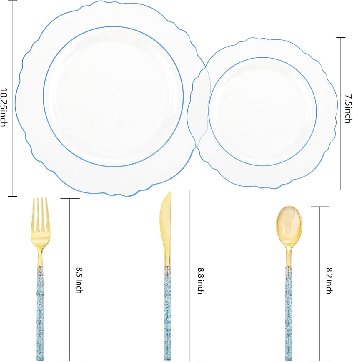 Liacere 150PCS Clear and Blue Plastic Plates-Clear and Blue Disposable Plates with Glitter Bamboo