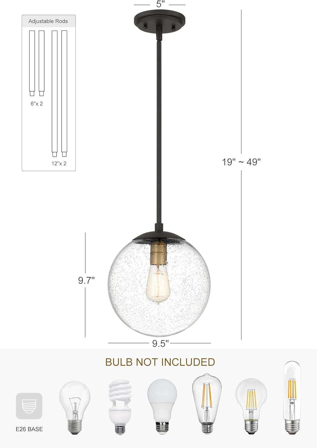 Globe Pendant Lighting, Black and Gold Pendant Light for Kitchen Island, 9.5 inch Seeded Globe