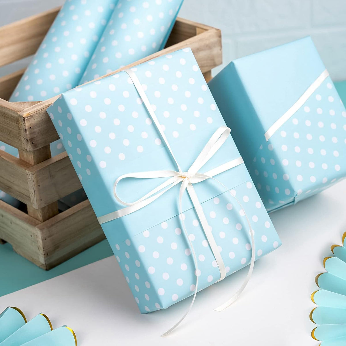 WRAPAHOLIC Reversible Wrapping Paper - Mini Roll - 17 Inch X 33 Feet - Baby Blue and Polka Dot