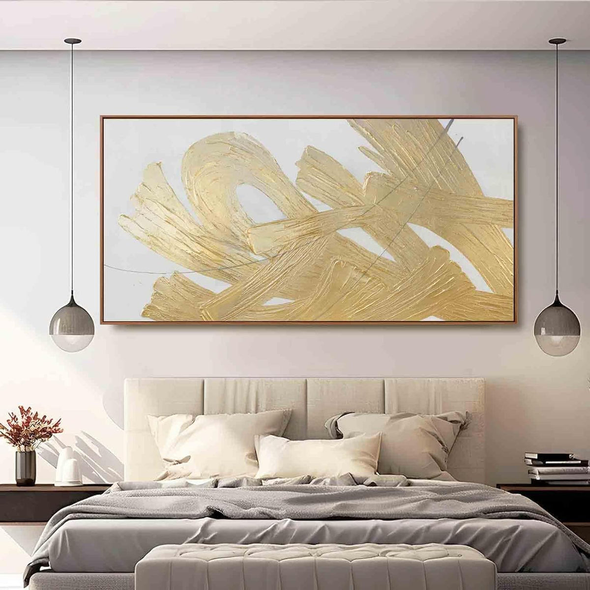 XIANSHOU Gold and White Canvas Wall Art Abstract Wall Artwork Neutral Wall Decor 36"x70" Large