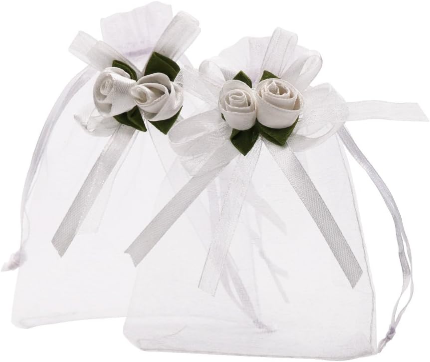 SumDirect Rose Organza Gift Bags - 50Pcs 4x5 inch White Wedding Favor Gift Bags, Jewelry Pouches