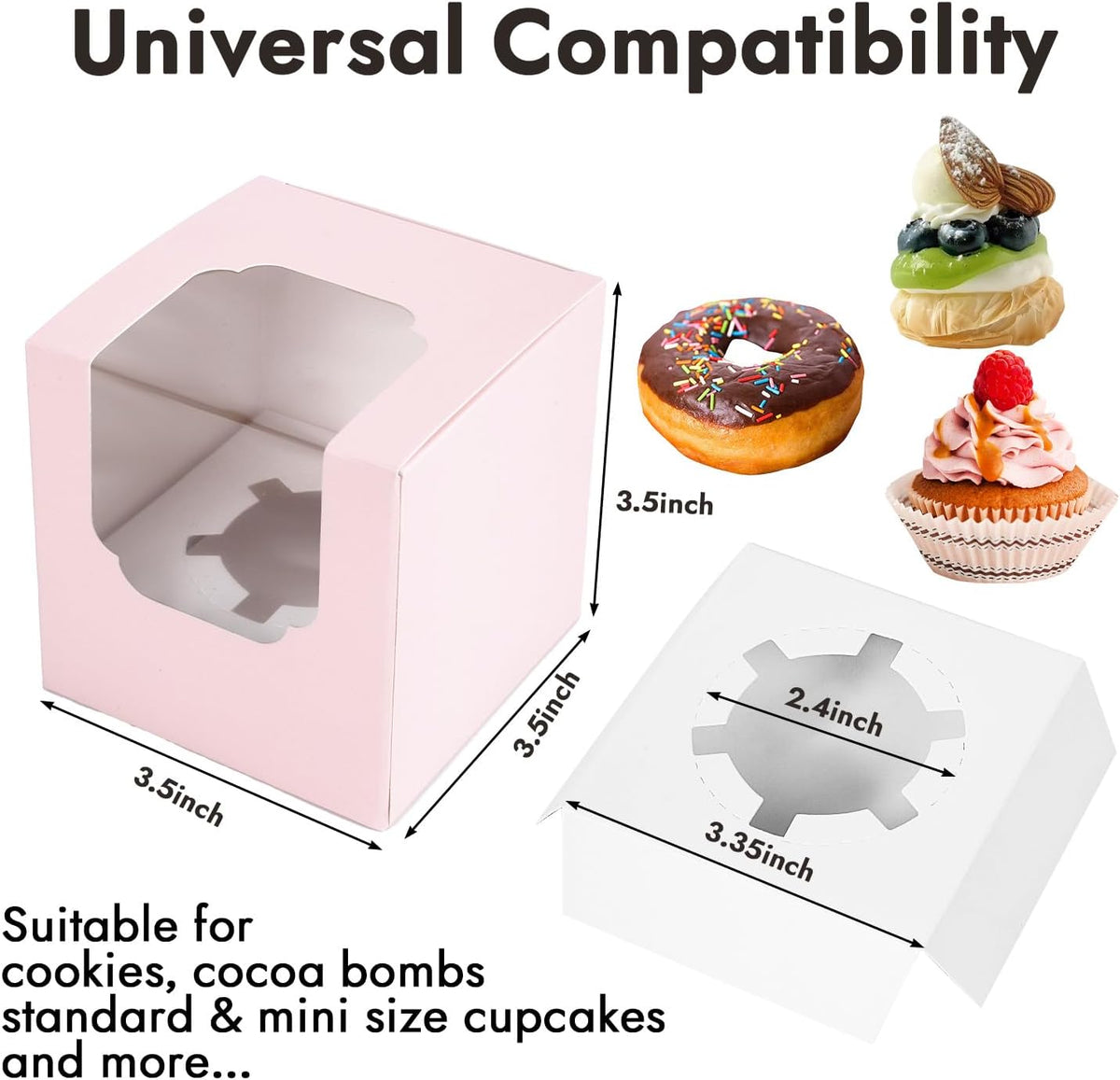 JCD 70 packs Pink Cupcake Boxes Individual Cupcake Container 3.5" x 3.5" x 3.5" Auto-Pop up Single