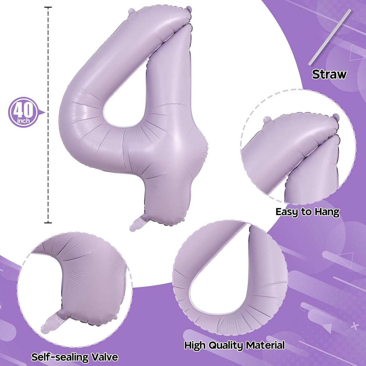 Light Purple Number 4 Balloons, 40 In Large Pastel Purple Number 4 Mylar Foil Helium Balloons for