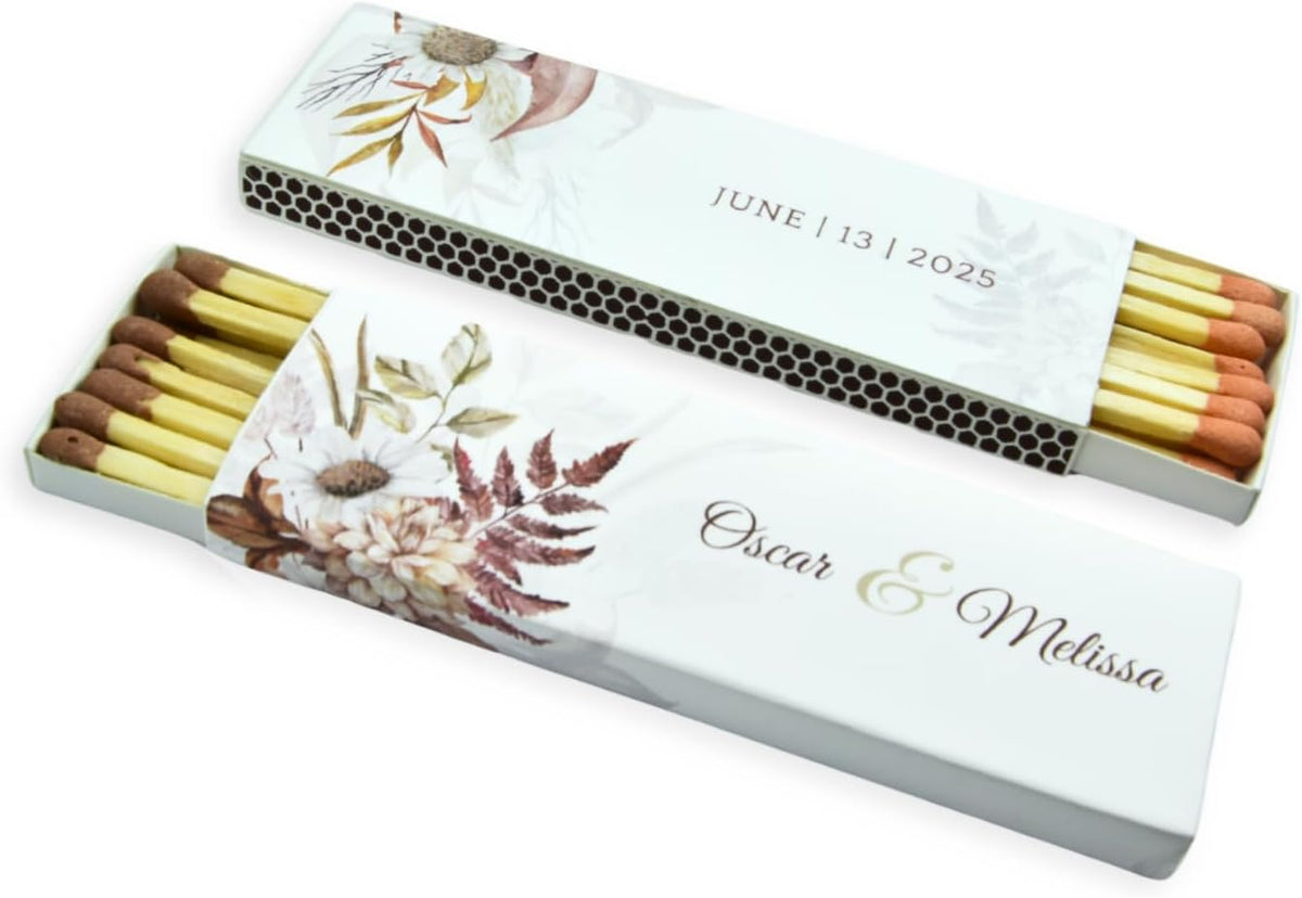 10 Boxes - Customized Matchboxes Colorful Tips (Wedding Design #5, 4" Matchboxes) (4" Matchsticks