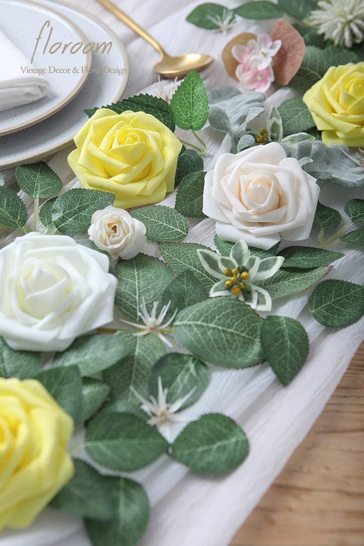 Floroom Artificial Flowers 25pcs Real Looking Canary Yellow Foam Fake Roses with Stems for DIY
