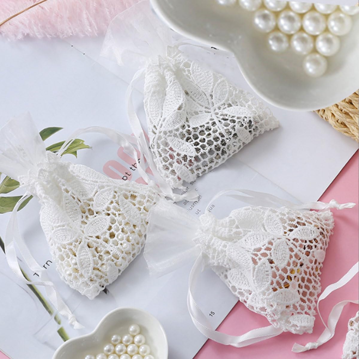 Ewanda store 8Pcs Lace Organza Drawstring Bags White Leaf Cotton Drawstring Bag for Wedding
