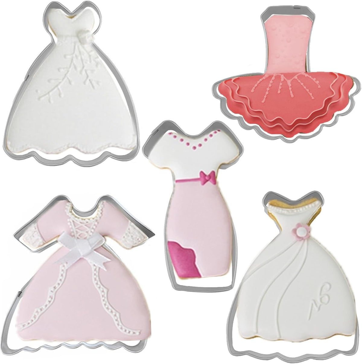 Dress Shaped Cookie Cutters Set of 5 pcs, Stainless Steel Wedding Princess Dress Fondant Cutter
