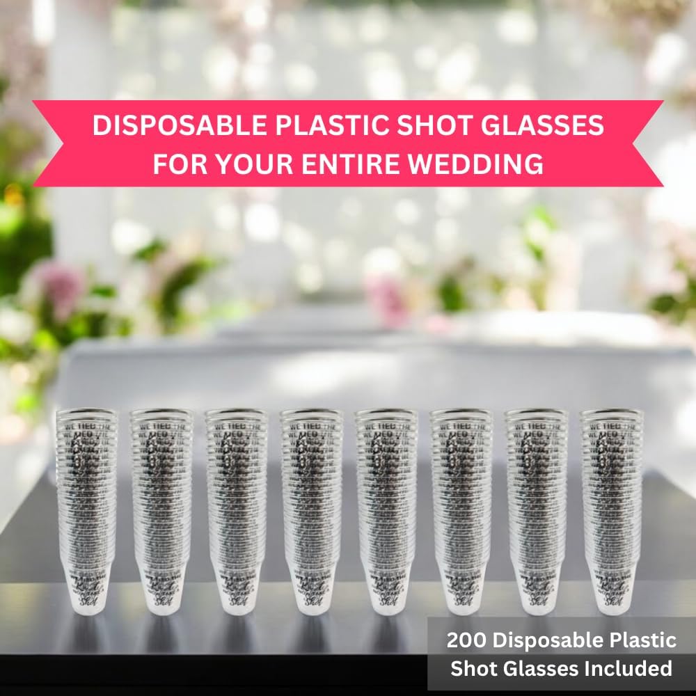 Disposable Plastic Wedding Shot Glasses, 200 Pack, 'We Tied the Knot Now Take a Shot' with Ring