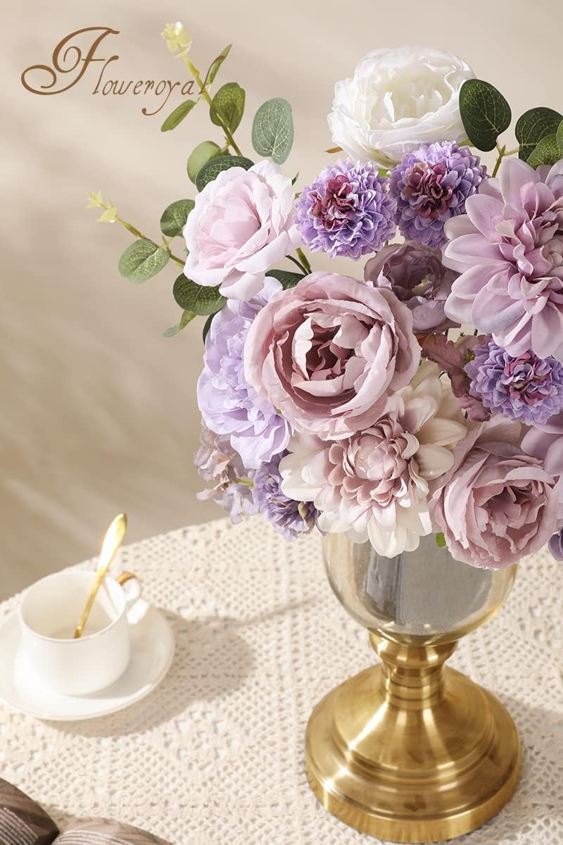 Floweroyal Artificial Flowers Combo Purple Flowers Mix Silk Flowers Dahlia Roses with Stems for DIY