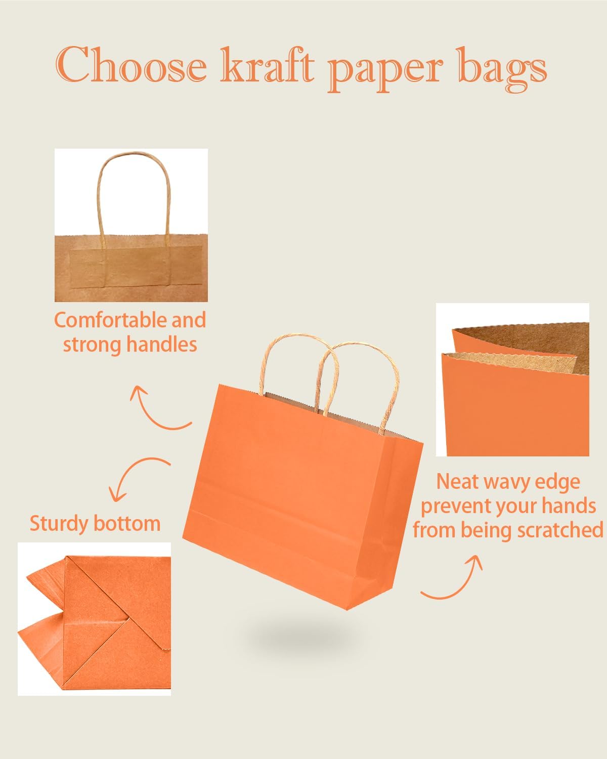 qiqee 100PCS Large Gift Bag with Handles Bulk 13"x4.5"x10" Gift Bags Kraft Orange Multiple Uses