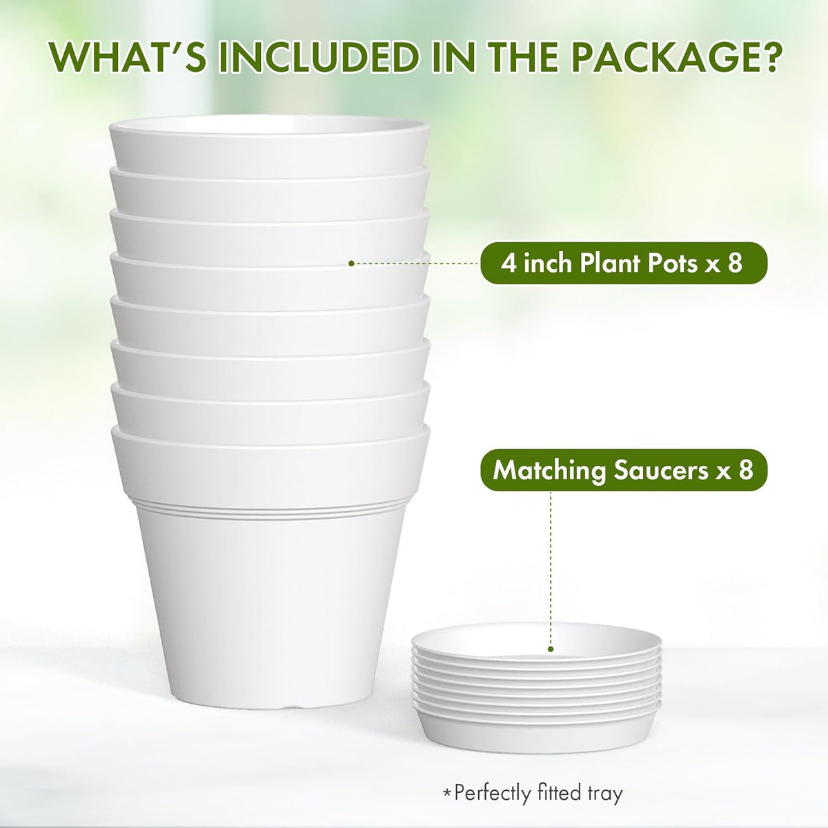 4 Inch Plastic Plant Pots with Drainage Holes and Trays – 8 Pack Small Nursery Pots for Indoor &